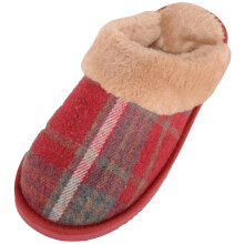 (UK6, Red) ABSOLUTE FOOTWEAR Slip On Open Back Traditional Tartan Checked Faux Fur Mule Slippers