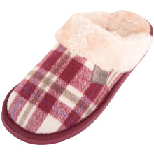 (UK8, Burgundy) ABSOLUTE FOOTWEAR Slip On Open Back Traditional Tartan Checked Faux Fur Mule Slippers