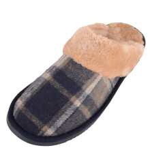 (UK7, Navy) ABSOLUTE FOOTWEAR Slip On Open Back Traditional Tartan Checked Faux Fur Mule Slippers