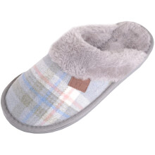 (UK3, Grey) ABSOLUTE FOOTWEAR Slip On Open Back Traditional Tartan Checked Faux Fur Mule Slippers