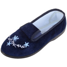 (UK4, Navy) ABSOLUTE FOOTWEAR Soft Velour Twin Gusset Slip On Wide Fit Winter Embroiderd Slippers