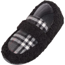 (UK5, Black) ABSOLUTE FOOTWEAR Easy Slip On Memory Foam Faux Fur Checked Moccasin Style Slipper