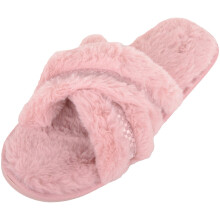 (UK8-9, Pink) ABSOLUTE FOOTWEAR Easy Slip On Soft Faux Fur Cross Over Glitter Slider Slipper