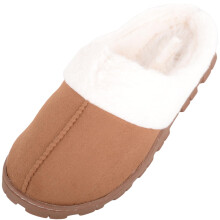 (UK7, Tan) ABSOLUTE FOOTWEAR Soft Faux Suede Mule Style Slipper with Faux Fur Inner