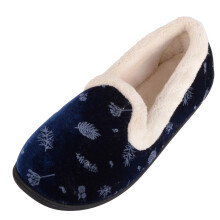 (UK5, Navy) ABSOLUTE FOOTWEAR Easy Slip On Fleece Lined Velour Slipper with Dandelion Design