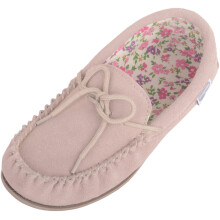 (UK4, Beige) SNUGRUGS Grace, Suede Moccasins with Floral Cotton Inner and Rubber Sole