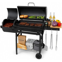 Charcoal Barbecue Grill with 3 Cooking Areas, Wheels, Height Adjustable Grates