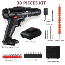 30Pcs Set Electric Cordless Screwdriver Drill 2 Speed with 2 Battery Charger 21V