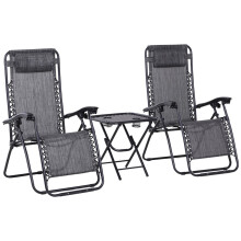 Folding Zero Gravity Chairs, 3 Pieces Adjustable Sun Lounger and Table Set with Cup Holder and Headrest, for Outdoor, Light Grey