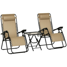 Folding Zero Gravity Chairs, 3 Pieces Adjustable Sun Lounger and Table Set with Cup Holder and Headrest, for Outdoor, Beige