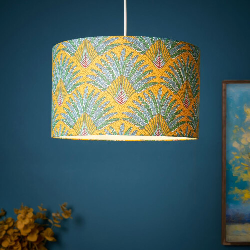 (Yellow) Litecraft Linzy Leaf Print Drum Lampshade 1