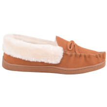 (UK4, Tan) ABSOLUTE FOOTWEAR Easy Slip On Suede Fleece Lined Moccasin Style Slippers with Bow