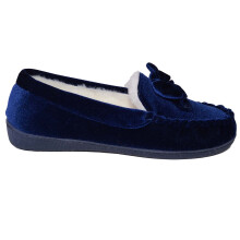 (UK5, Navy) ABSOLUTE FOOTWEAR Easy Slip On Velour Style Moccasin Slippers with Bow Design