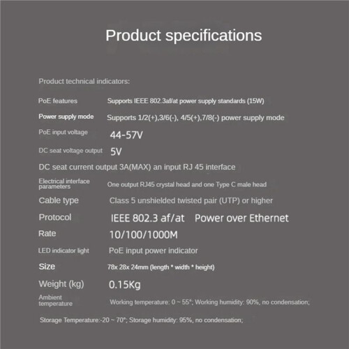 2X Splitter POE Gigabit 5V3A 1000Mbps Type-C Power Over Ethernet per  per  per Telecamera IP per Raspberry Pi 4