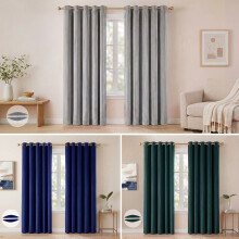 (46" x 54" Green) Marlow Thick Thermal Blackout Curtains Velvet Eyelet Ring Top Ready Made