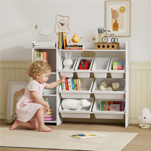 Toy Storage Unit with 8 Removable Bins, Storage Shelves, Cabinet, White 2