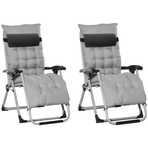 2 Piece Reclining Zero Gravity Sun Loungers with Cushions, Light Grey