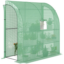 Walk-In Lean to Wall Greenhouse with Windows and Doors, Outdoor Green House with 3 Tiers 4 Wired Shelves, 200L x 100W x 215Hcm, Green
