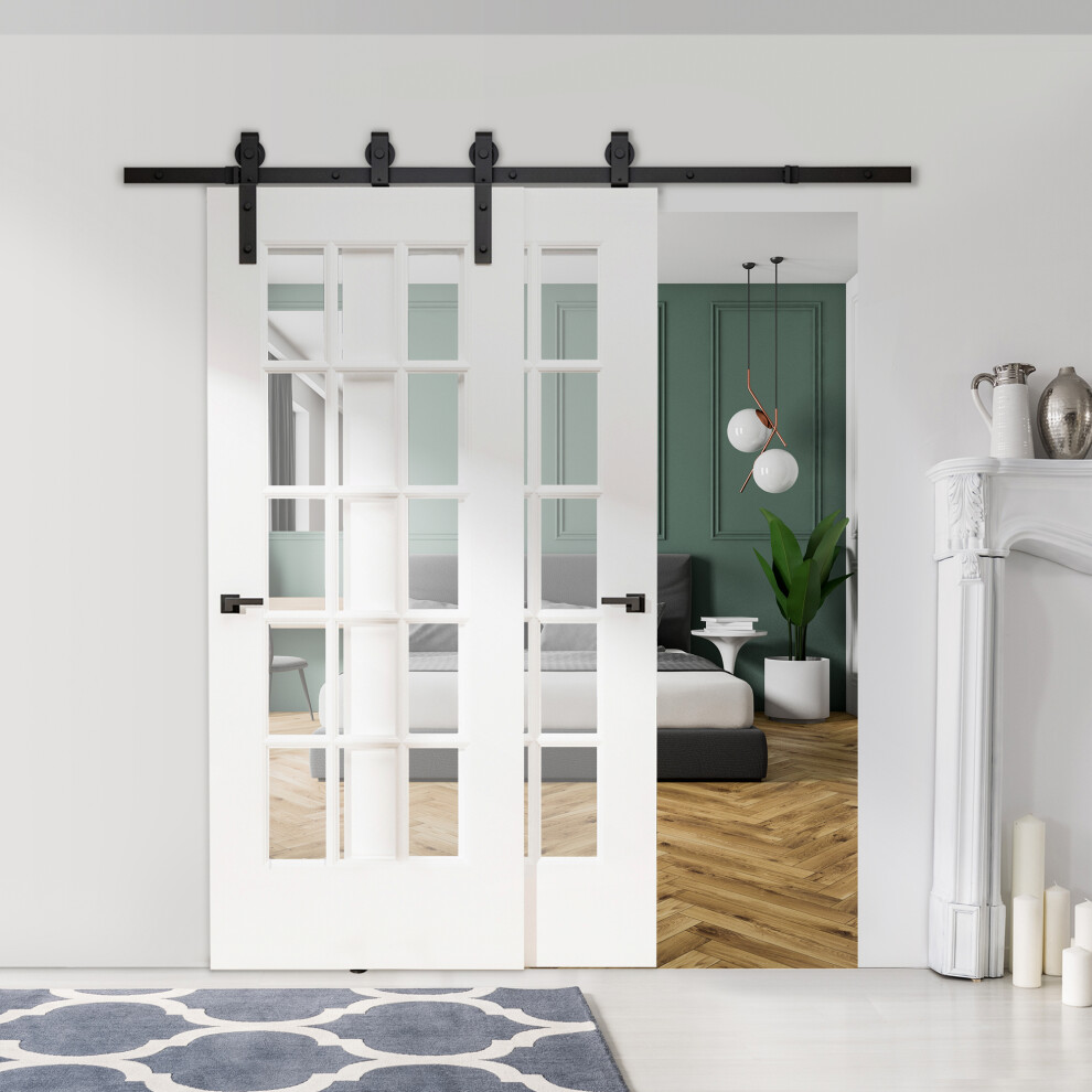 Homcom Unisex Black 6.6Ft/200Cm Sliding Barn Door Hardware Track Kit 2 Wood Doors, - Image 3