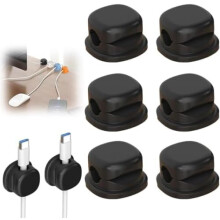 Pachet de 6 cleme rotative pentru cabluri, cu arc (negre), instrument adeziv pentru cabluri de birou