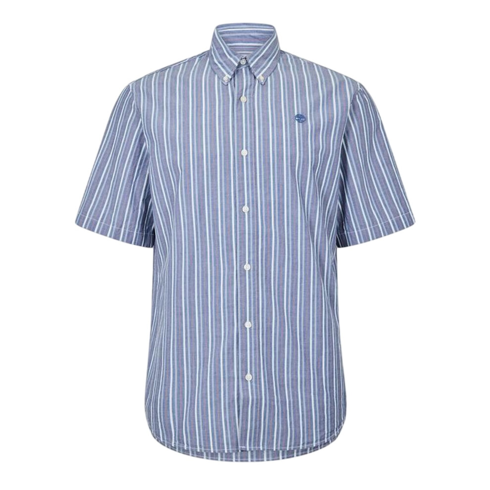 Timberland (M, Dark Denim) Mens Striped Short-Sleeved Button-Down Shirt