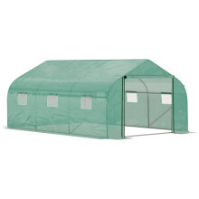 Walk-In Polytunnel Greenhouse Warm House Garden Tunnel Shelter Plant Shed with Door and Windows, Galvanised Steel Frame, 4.5 x 3 x 2m, Green
