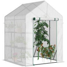 Walk In Greenhouse with 2 Tier Shelf, Roll up Zip Panel Door, Reinforced PE Cover, 143 x 143 x 195cm, Green