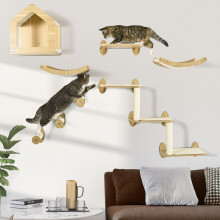 PawHut Cat Wall Furniture Condo Perches Scratch Posts Steps 8 Piece Beige