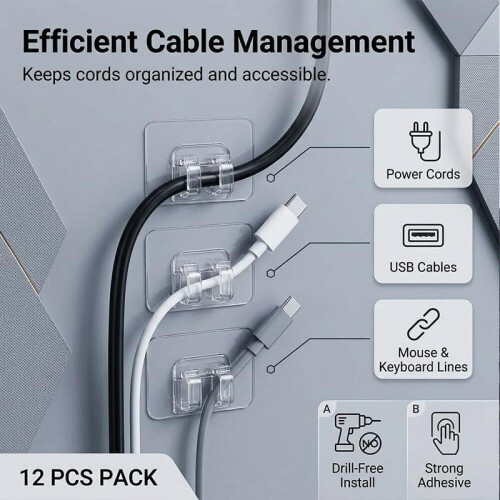 12 τεμάχια αυτοκόλλητα κλιπ καλωδίων, επιτοίχια βάση διαχείρισης καλ 1