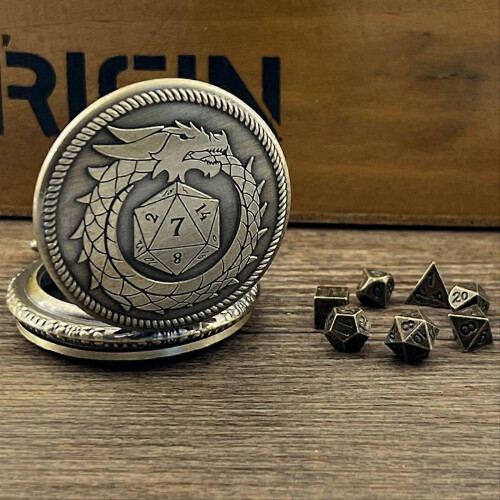 Pocket Watch and Mini Metal Multi-Sided Dice Set Board Game Cool 1