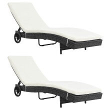 vidaXL Sonnenliegen 2 Stk. mit Rollen und Auflagen Poly Rattan Schwarz