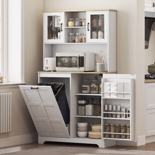 Homcom HOMCOM 175cm Tall Kitchen Cabinet with Rubbish Bin, White 1