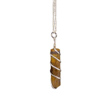 (Tiger Eye) Wire Wrapped Crystal Gemstone Pencil Pendant on Chain
