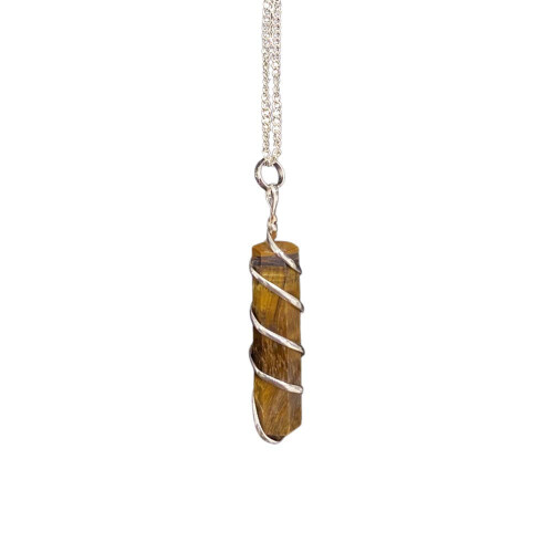 (Tiger Eye) Wire Wrapped Crystal Gemstone Pencil Pendant on Chain