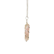 (Rose Quartz) Wire Wrapped Crystal Gemstone Pencil Pendant on Chain