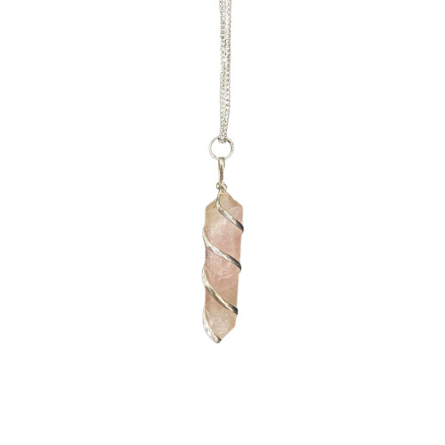 (Rose Quartz) Wire Wrapped Crystal Gemstone Pencil Pendant on Chain