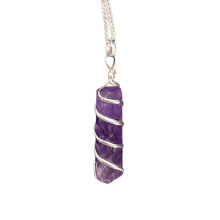 (Amethyst) Wire Wrapped Crystal Gemstone Pencil Pendant on Chain