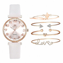 Dameshorlogeset met armband, luxe leren band, analoog quartz polshorloge voor dames, wit