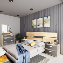 Cabecero para cama de 135-200 cm y 2 mesitas con cajones en cambria y grafito Ataneq Pure