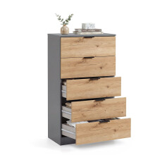 Cómoda alta de 5 cajones en gris grafito y alpine oak 60x110 cm Akari