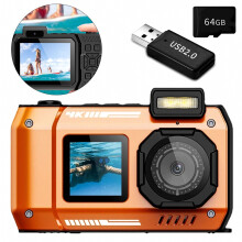 Caméra étanche 4K, appareil photo numérique 65 MP avec carte mémoire 64 Go, double écran, autofocus, zoom 18x et profondeur sous-marine jusq