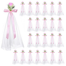 24 Set Wedding Aisle Chair Decorations Pew Flowers White Tulle Chair Sashes with Ribbons