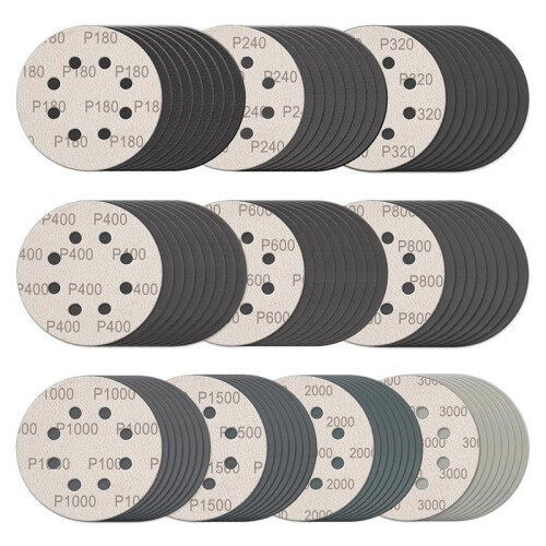 100 Peças de Discos de Lixa de 5 Polegadas com Gancho e Laço, Papel de Lixa Úmido e Seco com 8 Furos para Madeira, Metal e Automotivo