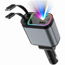 Chargeur de voiture 120 W avec éclairage ciel étoilé RGB, chargeur multiport rétractable 6 A, câble USB-C et Lightning de 1 à 4 ports