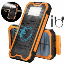 Zonne-energie powerbank van 20000 mAh met draadloos opladen, waterdichte buitenlader, snelladen, LED-zaklamp en SOS-lampje.
