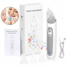 Elektrische neusaspirator voor baby's, 3 zuigstanden, 3 siliconen opzetstukjes, muziek- en lichtfunctie, veilig tegen terugvloei van neussli