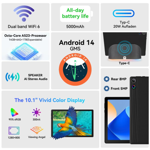 New Android 14 Tablet with Charging Speaker Dock Otca-Core CPU 14G+64GB Storage 2