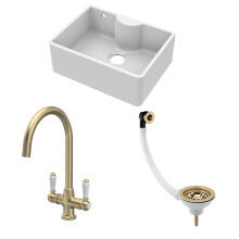 Traditional Fireclay Single Bowl Butler Kitchen Sink Bundle with Overflow, Tap Ledge, Mono Mixer Tap & Waste, 595mm - Brushed Brass