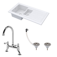 Traditional Fireclay Kitchen Bundle: 1.5 Bowl Sink & Drainer with Waste & Bridge Lever Mixer Tap, 1010mm - Chrome