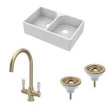 Traditional Fireclay Kitchen Bundle: 2 Bowl Full Weir Butler Sink No Overflow with Waste & Lever Tap, 795mm - Brushed Brass